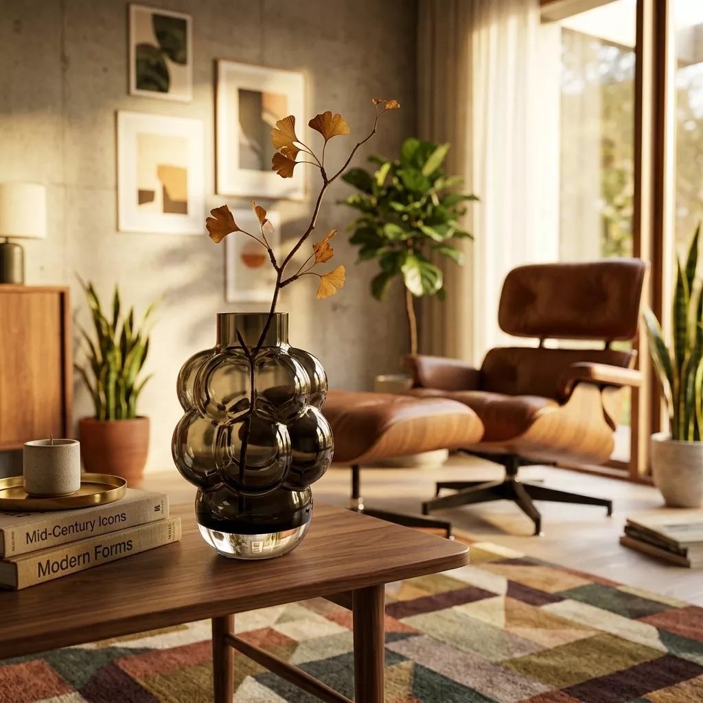 Vase en verre gris fumé en grappe de lobes sur une table basse en bois, fauteuil en cuir cognac à l'arrière-plan