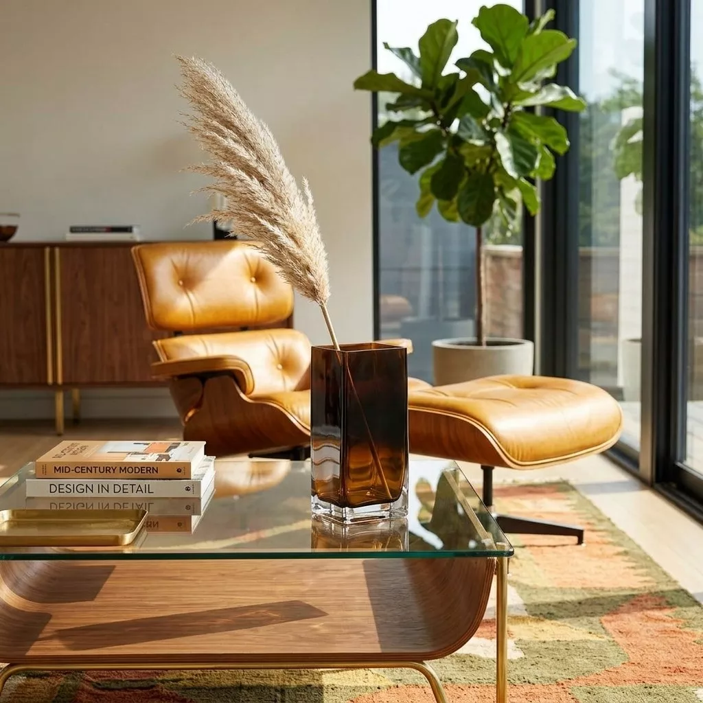 Vase rectangulaire en verre ambré sur une table basse en verre, fauteuil en cuir cognac et tapis géométrique à l'arrière