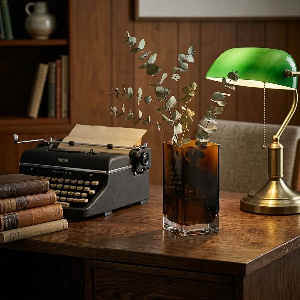Vase rectangulaire en verre ambré garni de feuillage, sur un bureau en bois avec machine à écrire et lampe verte