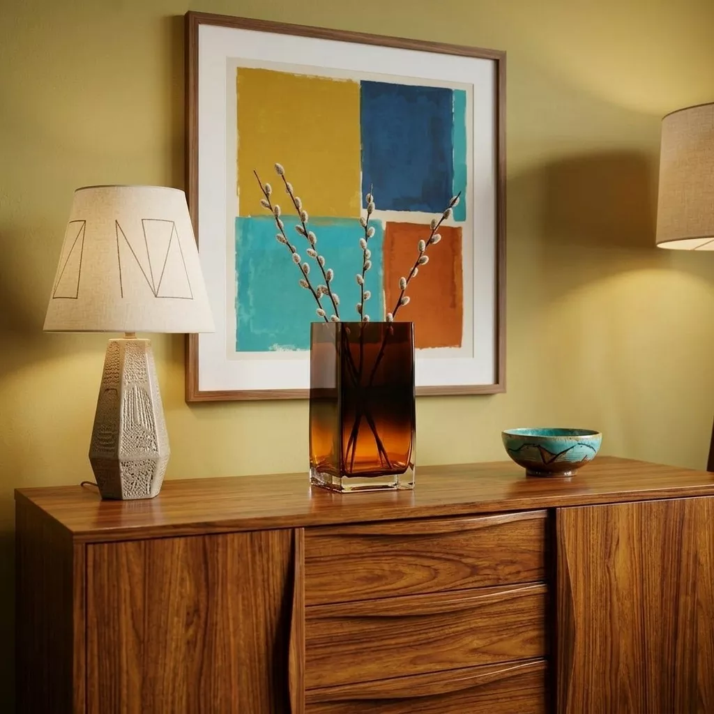 Vase rectangulaire en verre ambré garni de branches, sur une enfilade en bois devant une affiche abstraite colorée