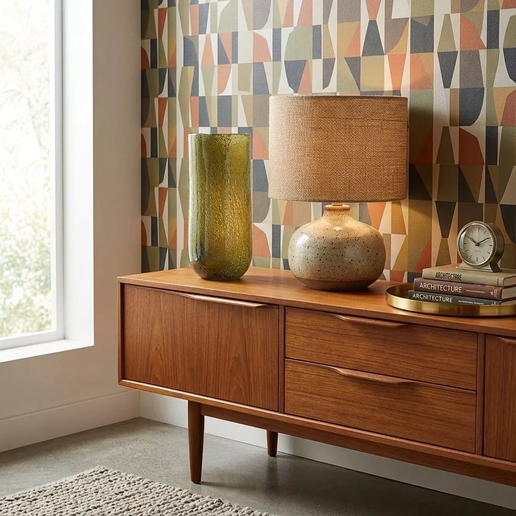 Vase cylindrique en verre vert olive sur une enfilade en bois, lampe en céramique et papier peint géométrique