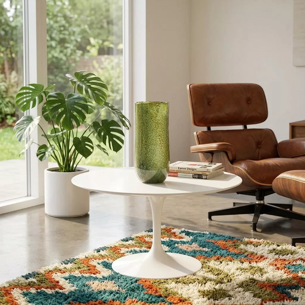 Vase cylindrique en verre vert olive sur une table ronde blanche, fauteuil en cuir cognac et tapis à zigzags colorés