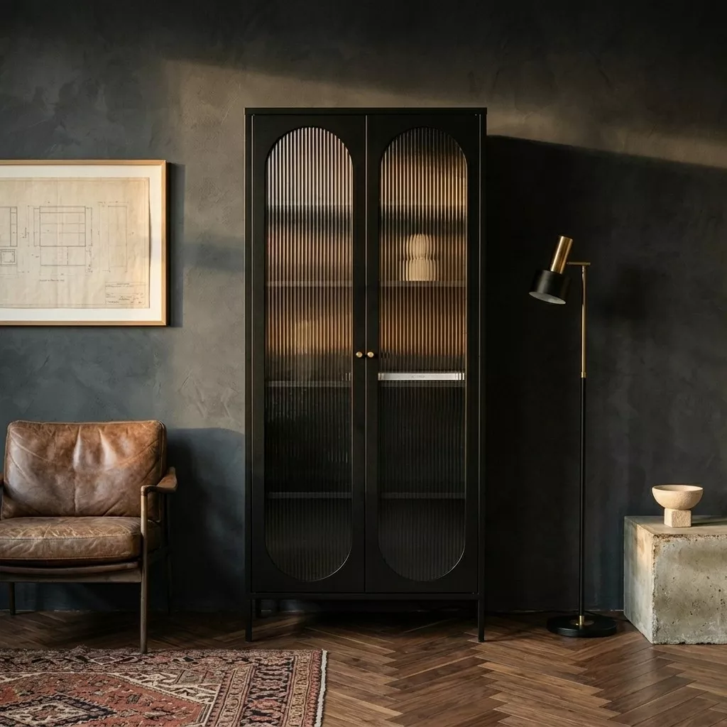 Vitrine en acier noir aux portes en verre cannelé, salon aux murs en enduit sombre et parquet chevron, fauteuil cuir patiné