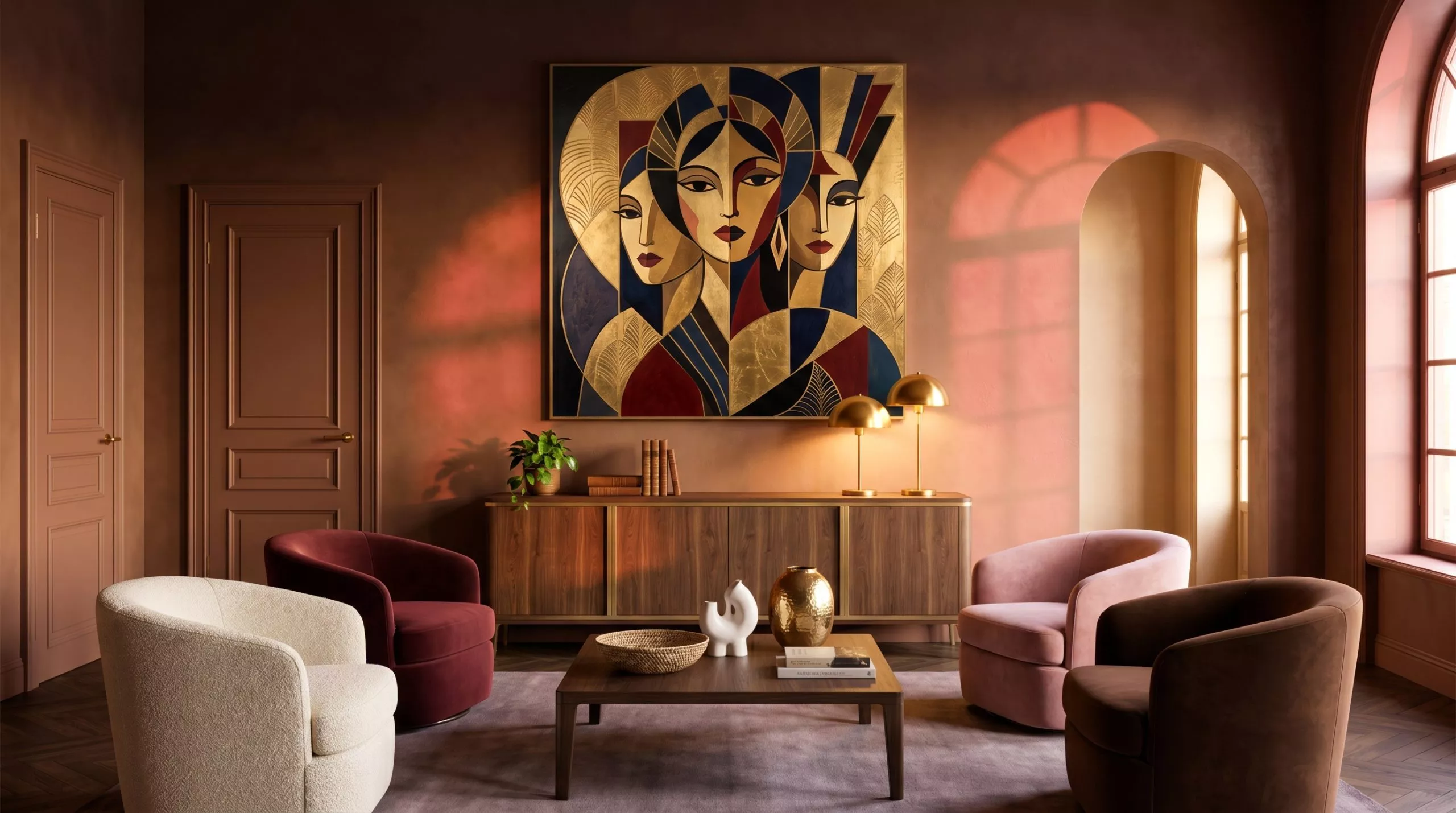 Salon Neo Deco bold en mur terracotta-bordeaux, tableau Art Deco aux figures féminines stylisées, quatre fauteuils mix bouclé crème, velours bordeaux et chocolat, buffet noyer aux lampes laiton symétriques sous arche Haussmannienne