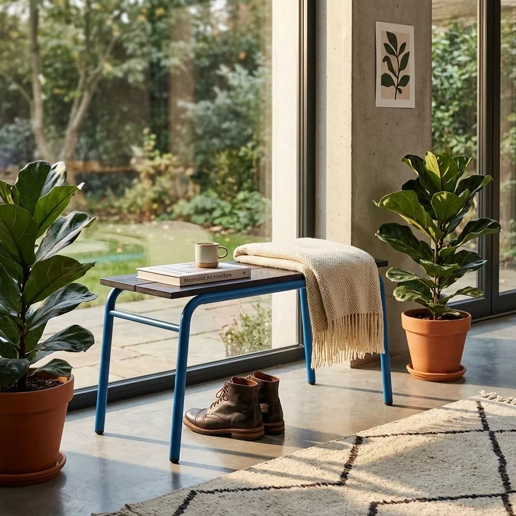 Banc bleu tubulaire à plateau bois sombre dans un sas vitré, tapis écru, plaid crème et grandes plantes en pots terracotta