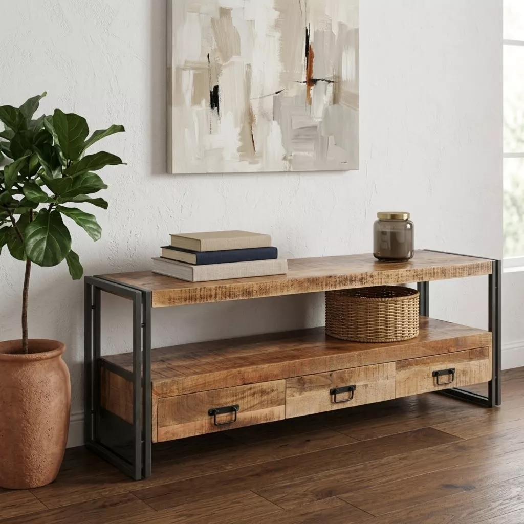 Buffet bas en bois tropical et acier noir sous une toile abstraite, grande plante verte en pot et panier tressé, mur clair