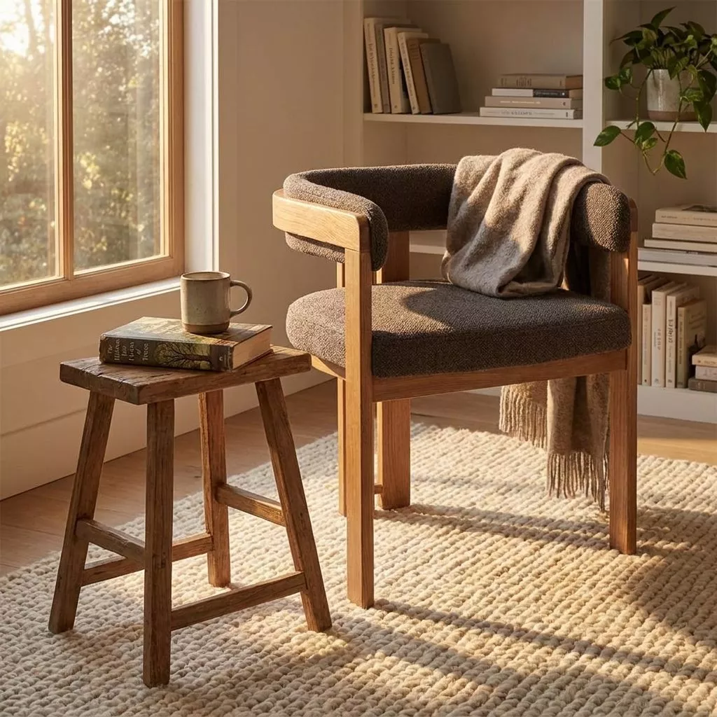 Chaise tonneau en bouclé taupe et cadre chêne miel, plaid lin écru, tabouret bois et bibliothèque claire dans un coin lecture