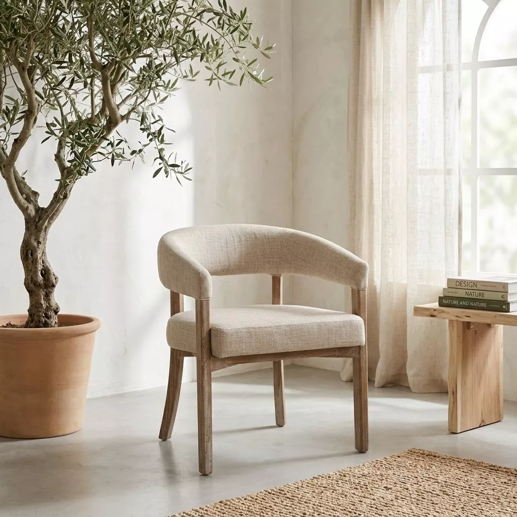 Chaise à dossier enveloppant en tissu chiné et bois cérusé clair, près d'une plante en pot, sol béton et tapis en jute
