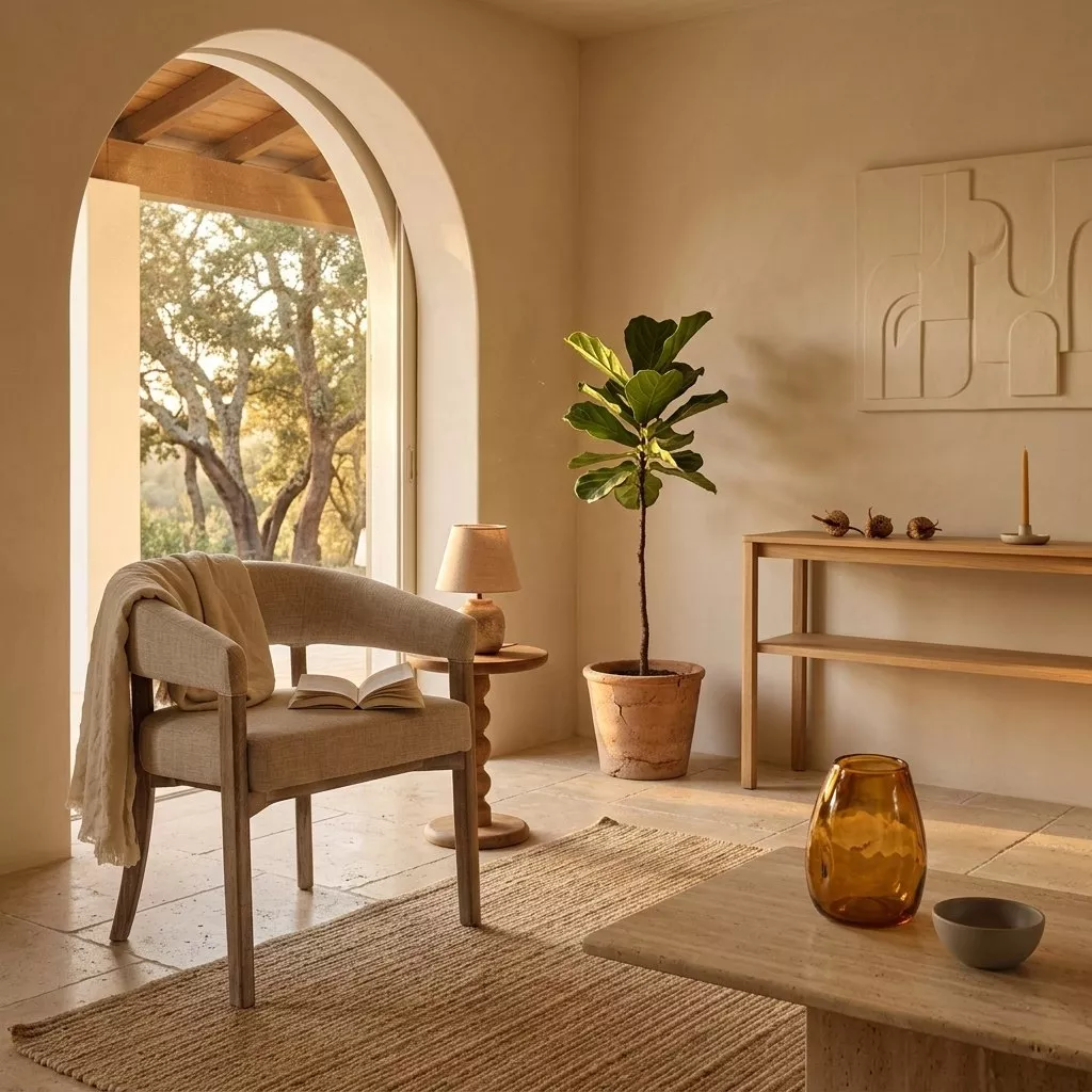 Chaise en tissu chiné naturel et bois cérusé clair sous une arcade, plaid en lin, console en bois et table en pierre claire