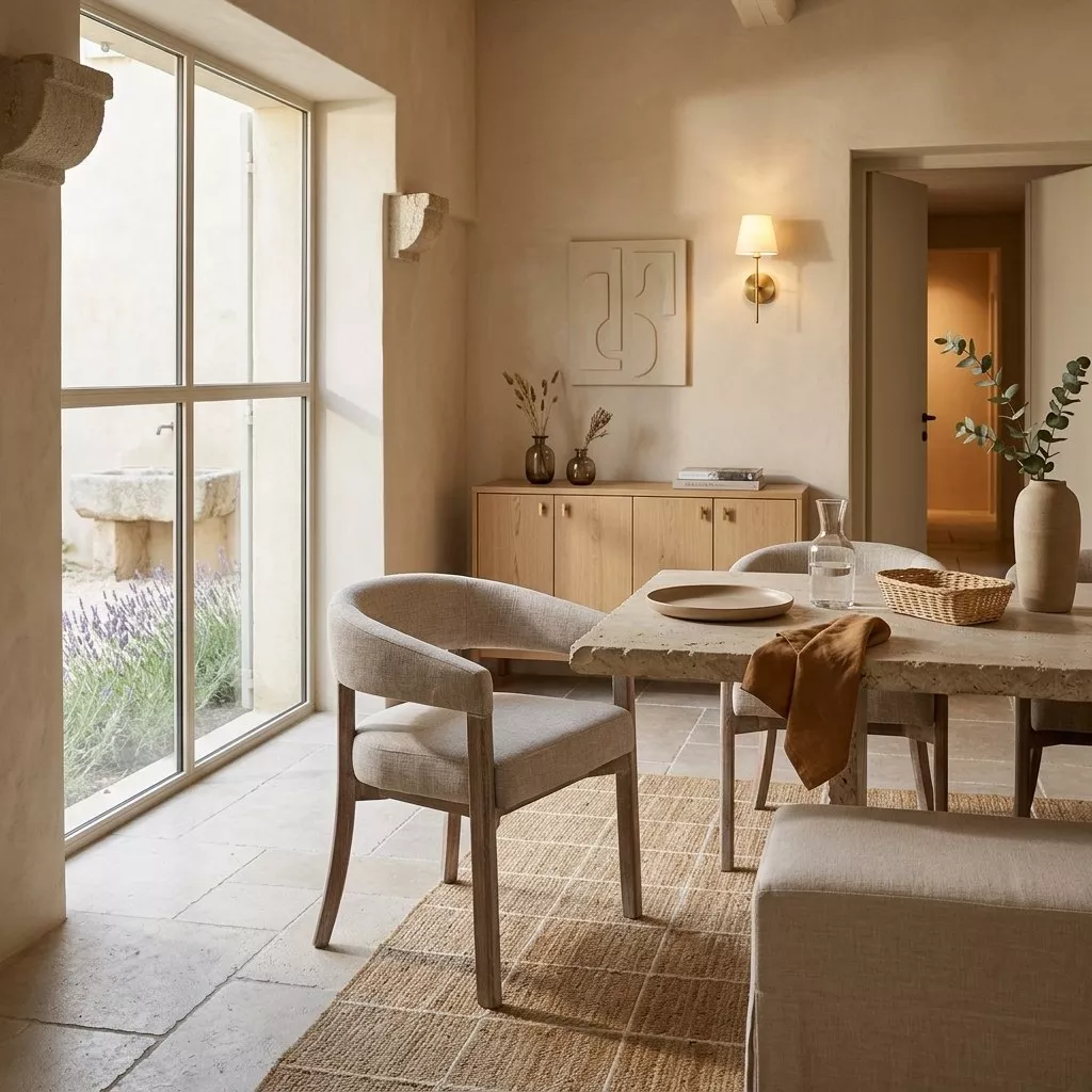 Chaise en tissu chiné naturel et bois cérusé près d'une table en pierre, buffet en bois clair et tapis en jute au sol