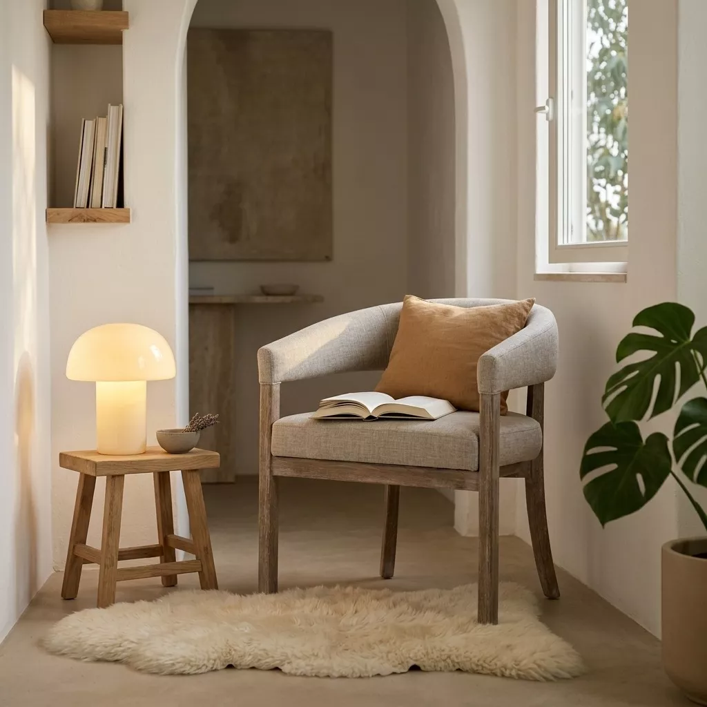 Chaise à dossier enveloppant en tissu chiné et bois cérusé, coussin terracotta, lampe à poser et tapis en peau lainée