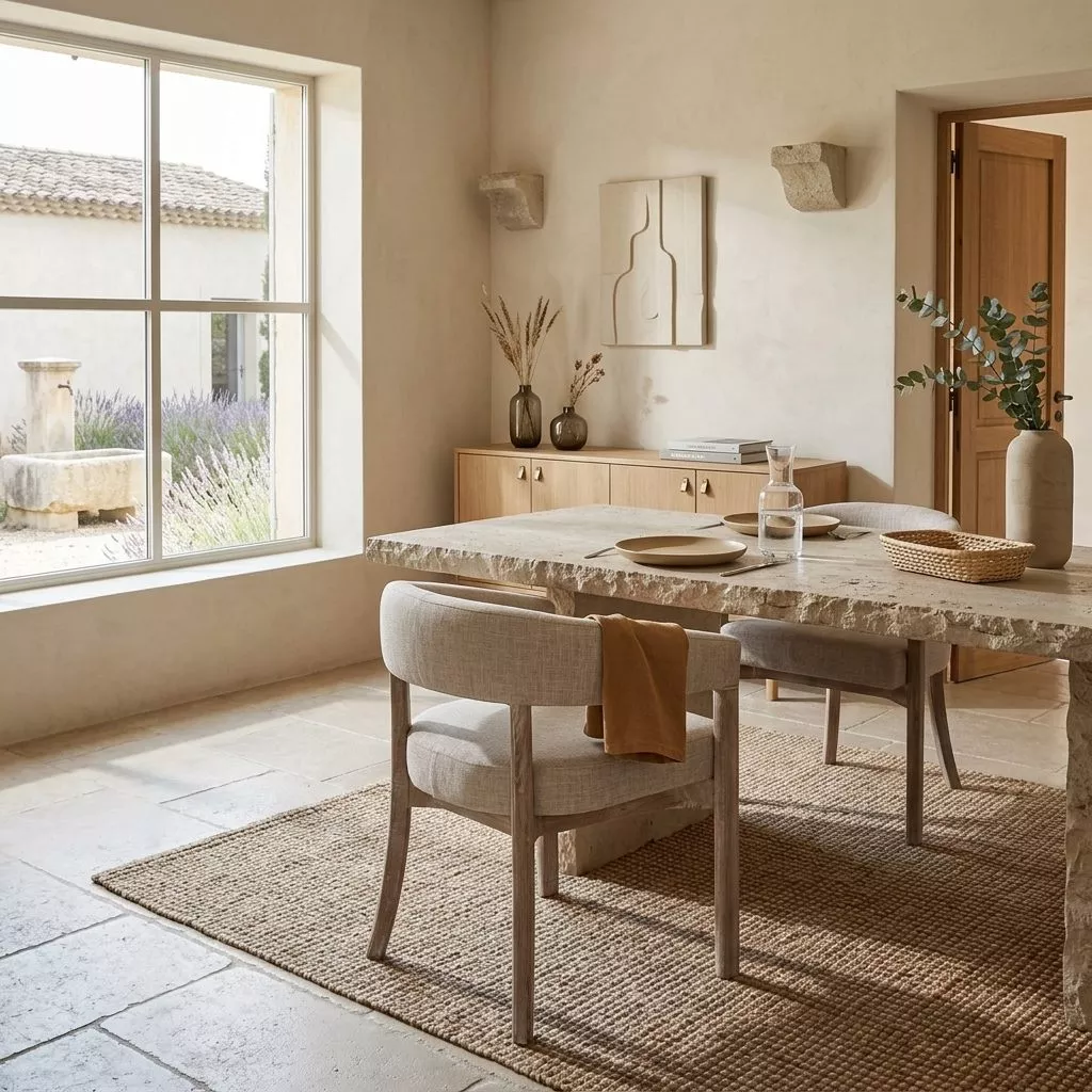 Chaise en tissu chiné naturel et bois cérusé autour d'une table en pierre brute, tapis en jute et buffet en bois clair