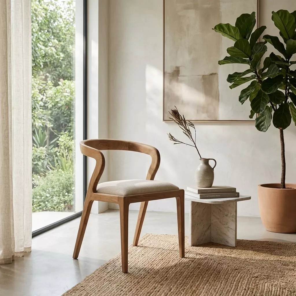 Chaise en teck massif miel et assise tissu beige sur un tapis en jute, mur clair et grande plante verte en pot