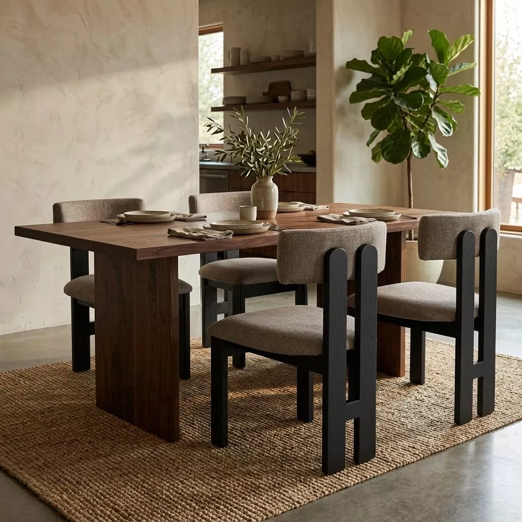 Chaises tissu taupe et structure noir mat autour d'une table en bois, tapis en fibre naturelle et grande plante verte