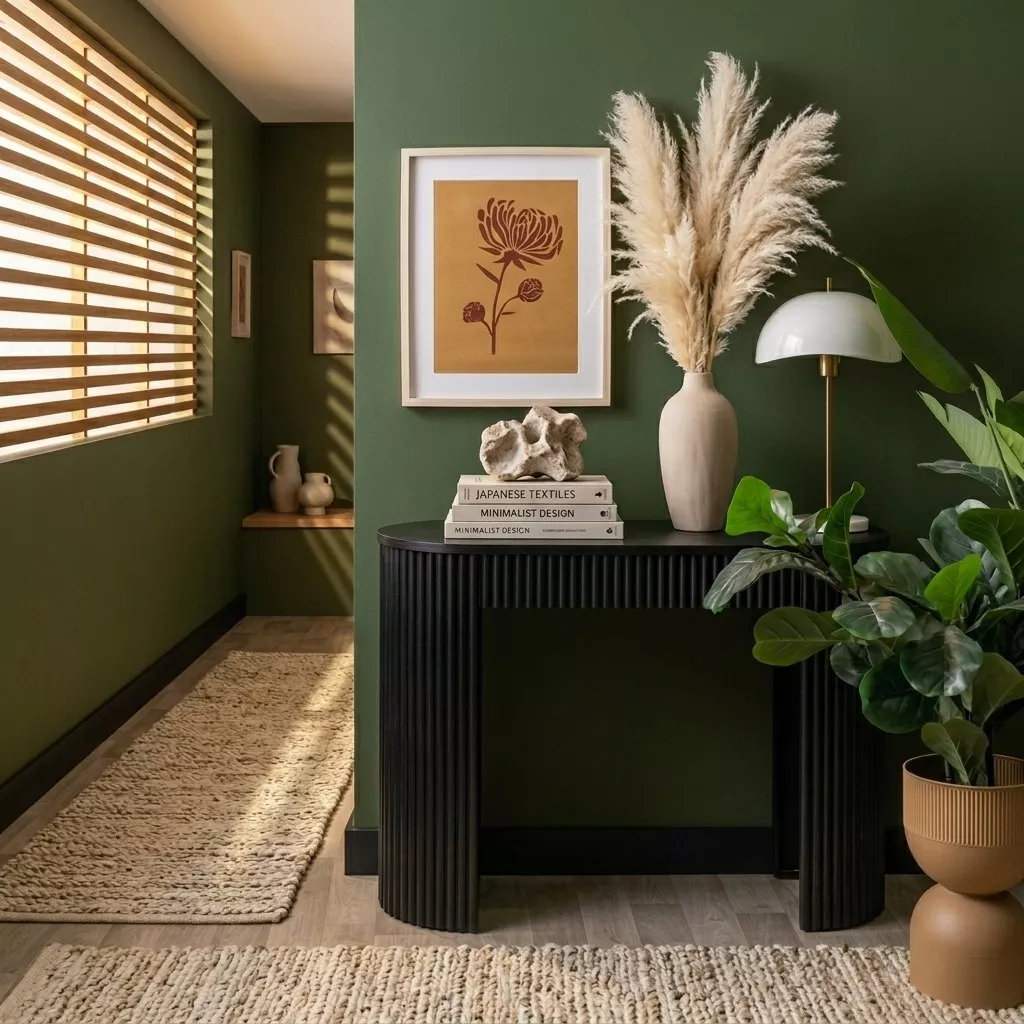 Console cannelée noire en fer laqué mat contre un mur vert profond, plateau ovale strié, tapis de jonc tressé et bois clair