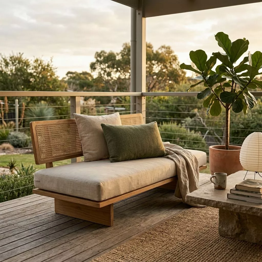 Coussin chevron vert olive sur banquette lin écru en terrasse, table en pierre brute, lanterne papier et grande plante verte