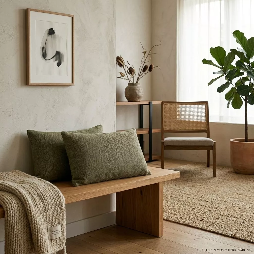 Deux coussins chevron vert olive sur banc bois massif, plaid tricot crème et grande plante en pot, séjour aux tons naturels