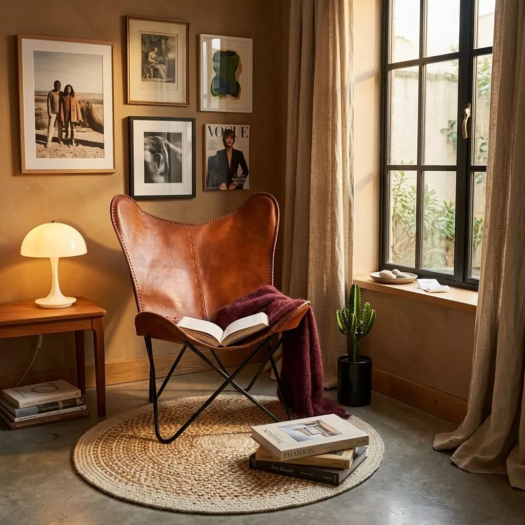 Fauteuil butterfly en cuir caramel dans un coin lecture enduit argile, livre sur l'assise, lampe champignon et rideaux lin