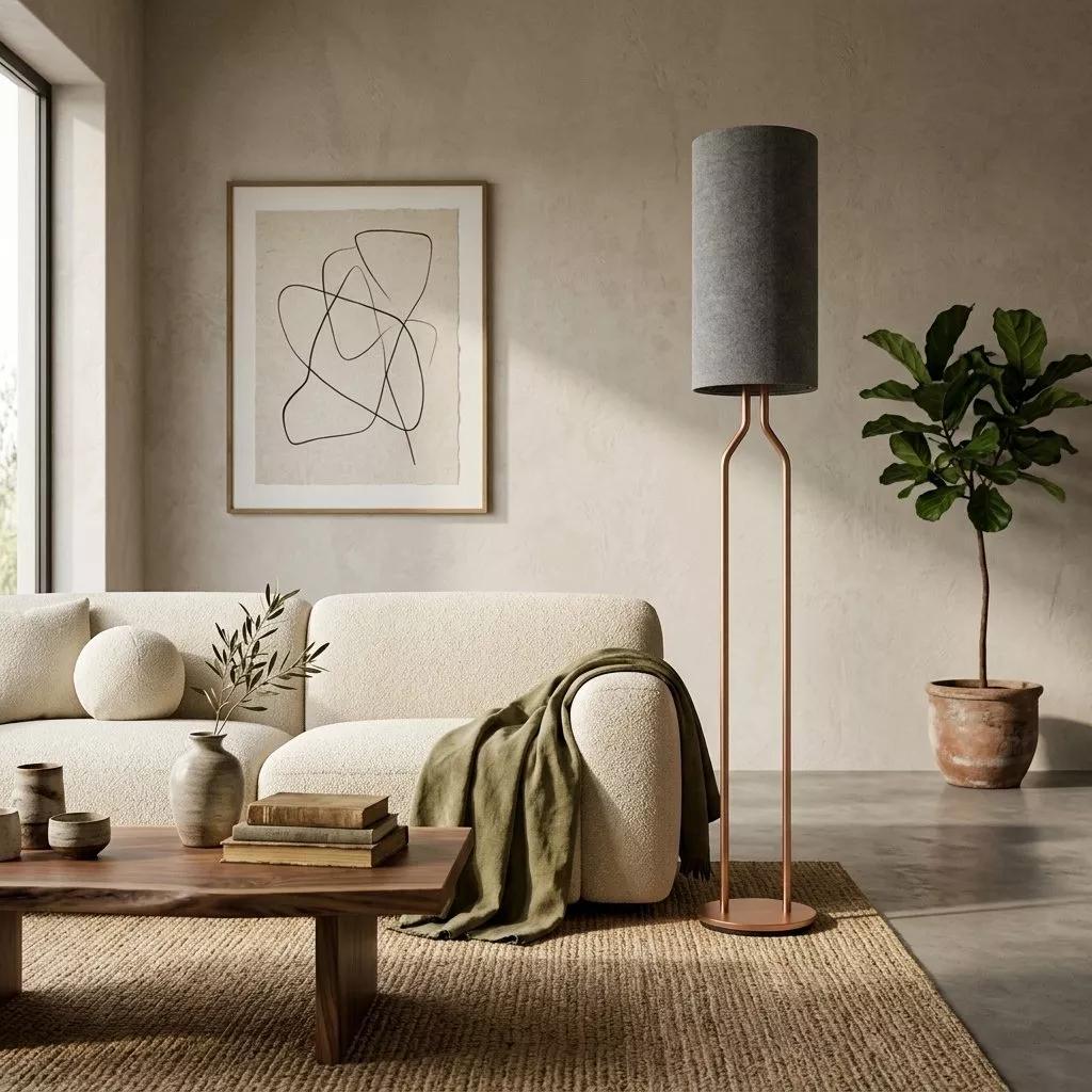 Lampadaire abat-jour laine grise et fût sable près d'un canapé bouclé écru, mur en enduit clair et tapis en fibres.