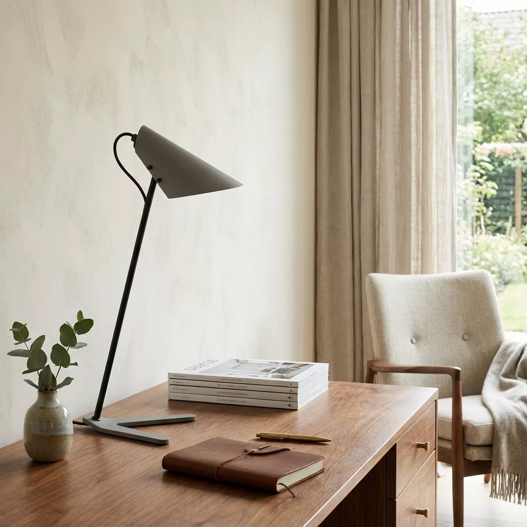 Lampe à poser béton sur bureau en bois sombre, vase céramique et branches vertes, fauteuil tissu beige en arrière-plan