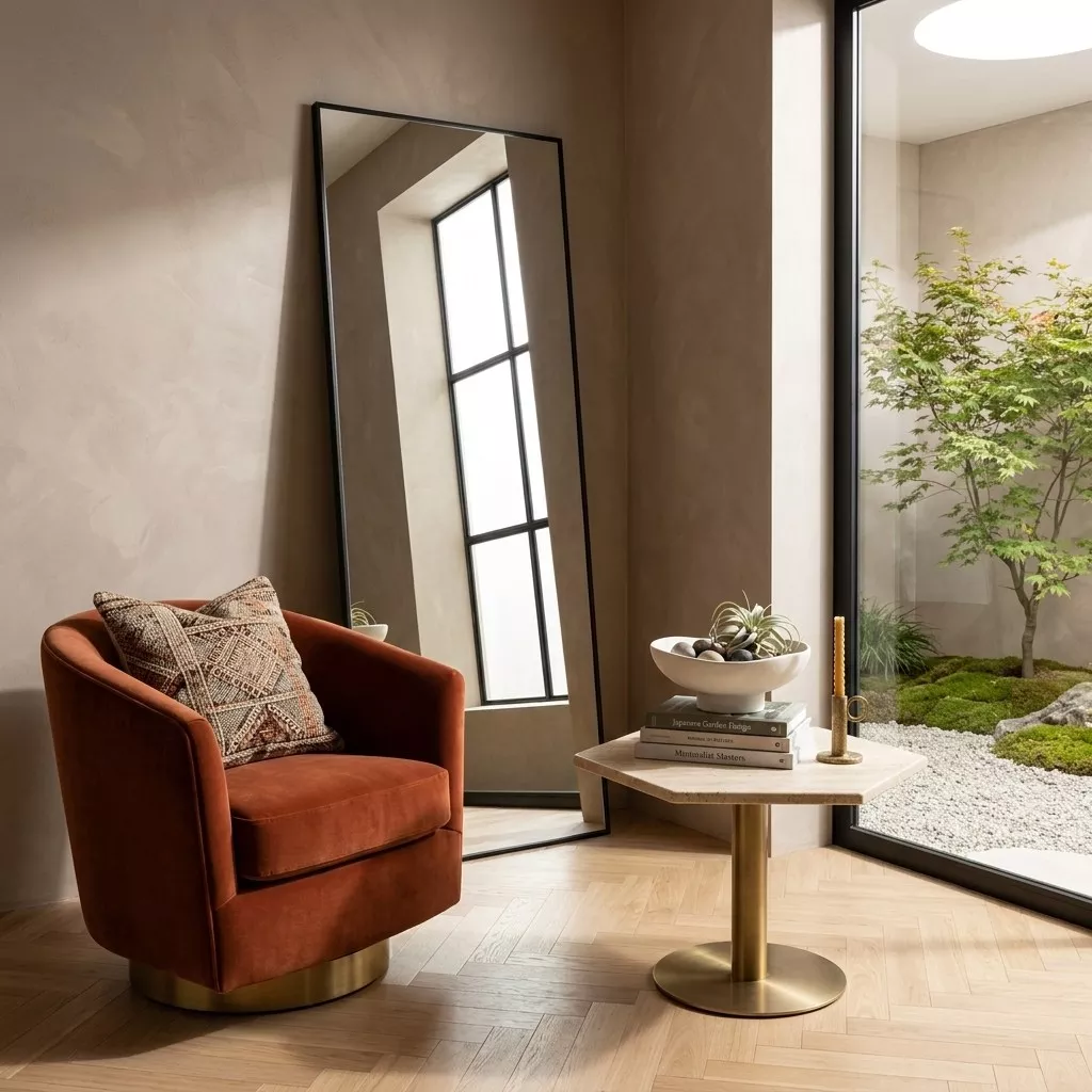 Miroir plein pied noir contre un mur enduit chaud, fauteuil en velours brique et table en pierre claire à côté, salon serein