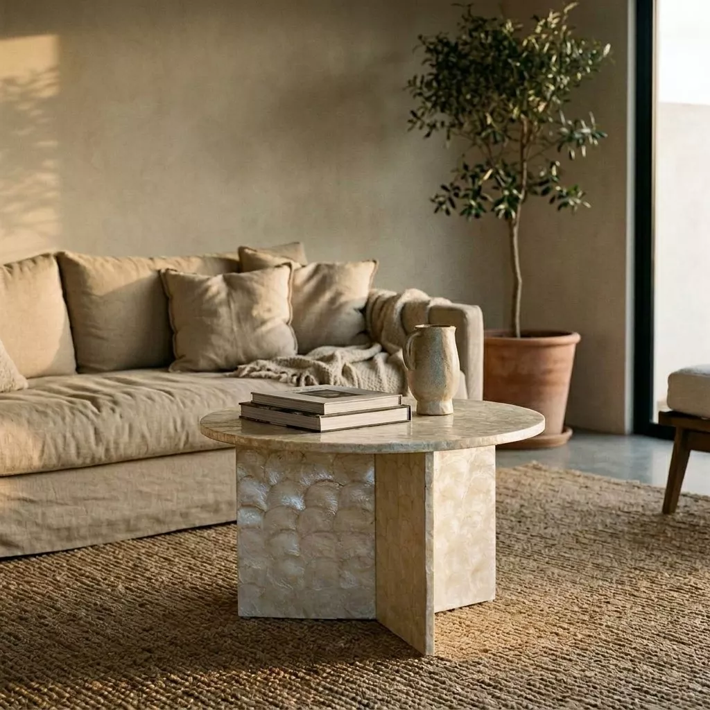 Table basse ronde en capiz nacré devant un canapé en lin beige, mur enduit sable et arbre en pot terre cuite