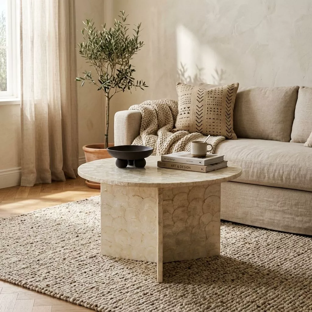 Table basse ronde en capiz nacré devant un canapé bouclé crème, coussin à motifs ethniques et tapis bouclé