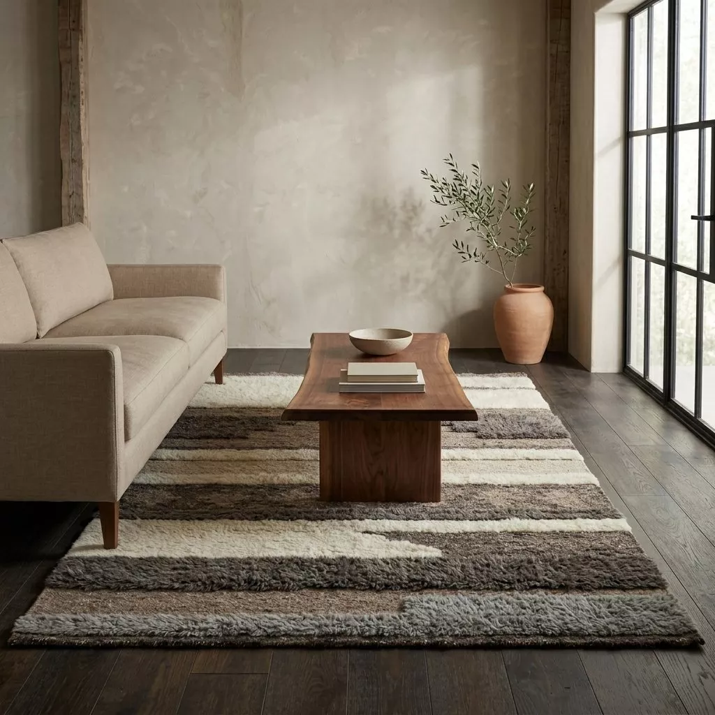 Tapis laine patchwork Runi à bandes bouclées et kilim sous une table basse en noyer, salon organic modern aux murs chaulés