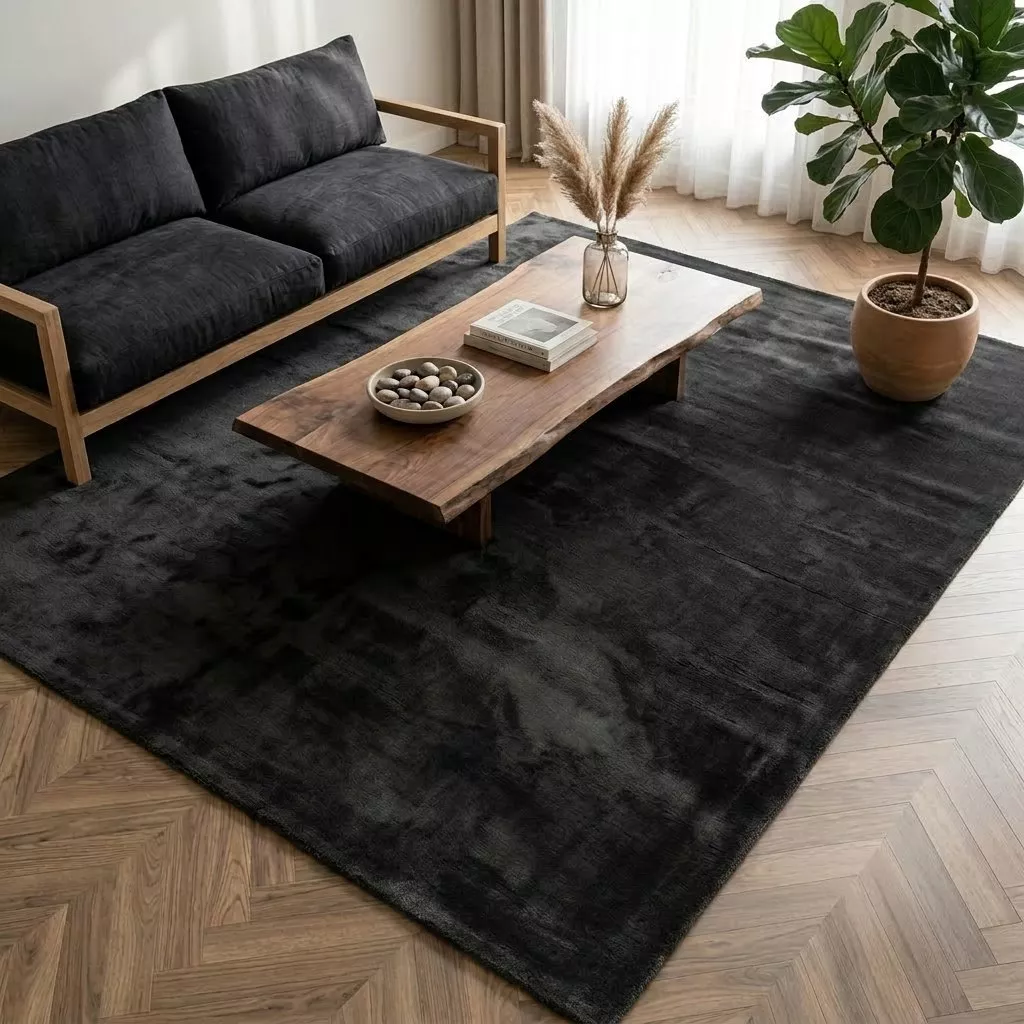Tapis viscose anthracite, salon parquet chevron, sofa anthracite, table basse bois à bord vivant, plante en pot terracotta