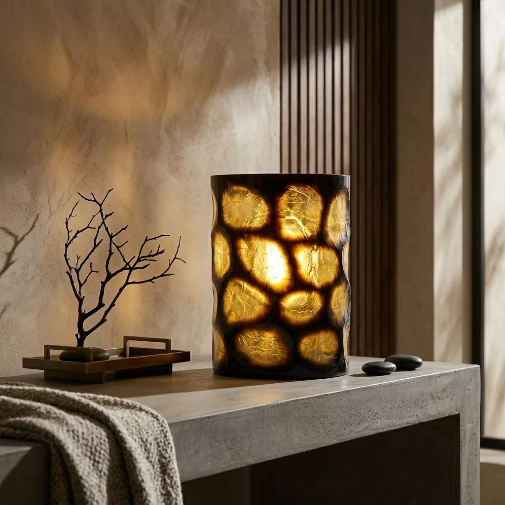 Vase en verre ambré au motif écaille de tortue sur une console en pierre, mur enduit chaud et tasseaux de bois sombre