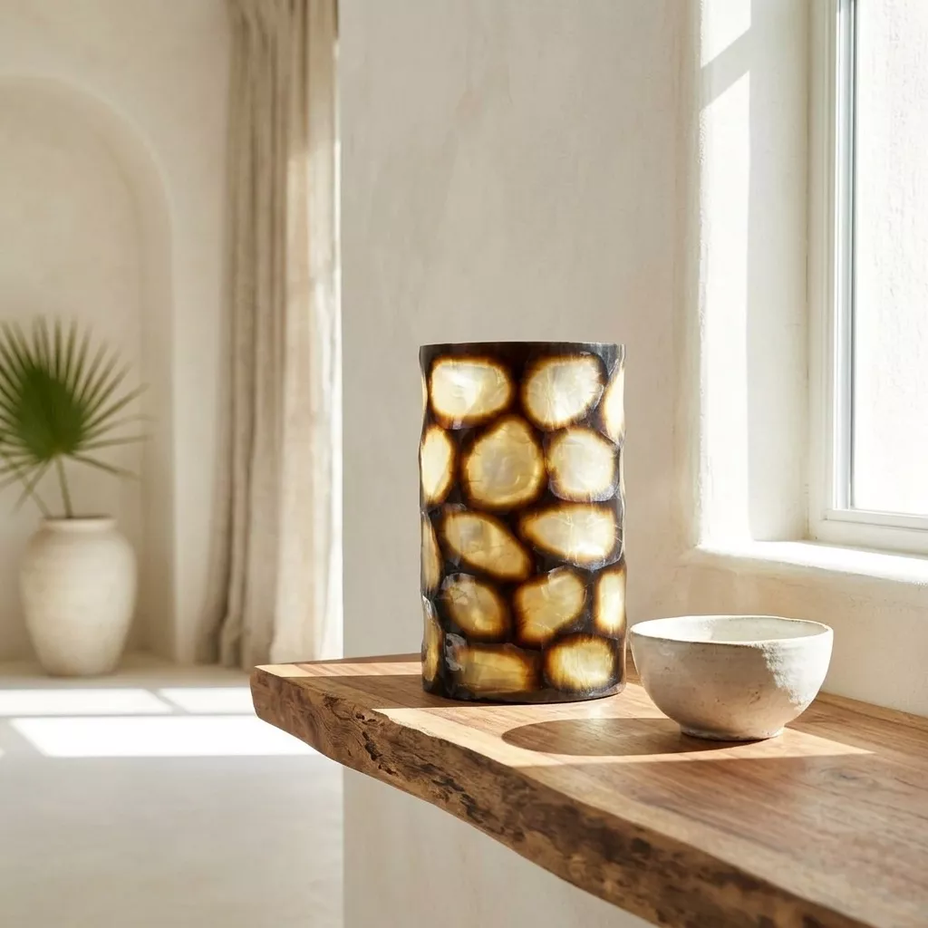 Verre soufflé ambré à motif écaille de tortue posé sur une planche en bois brut, lumière naturelle douce dans un salon clair