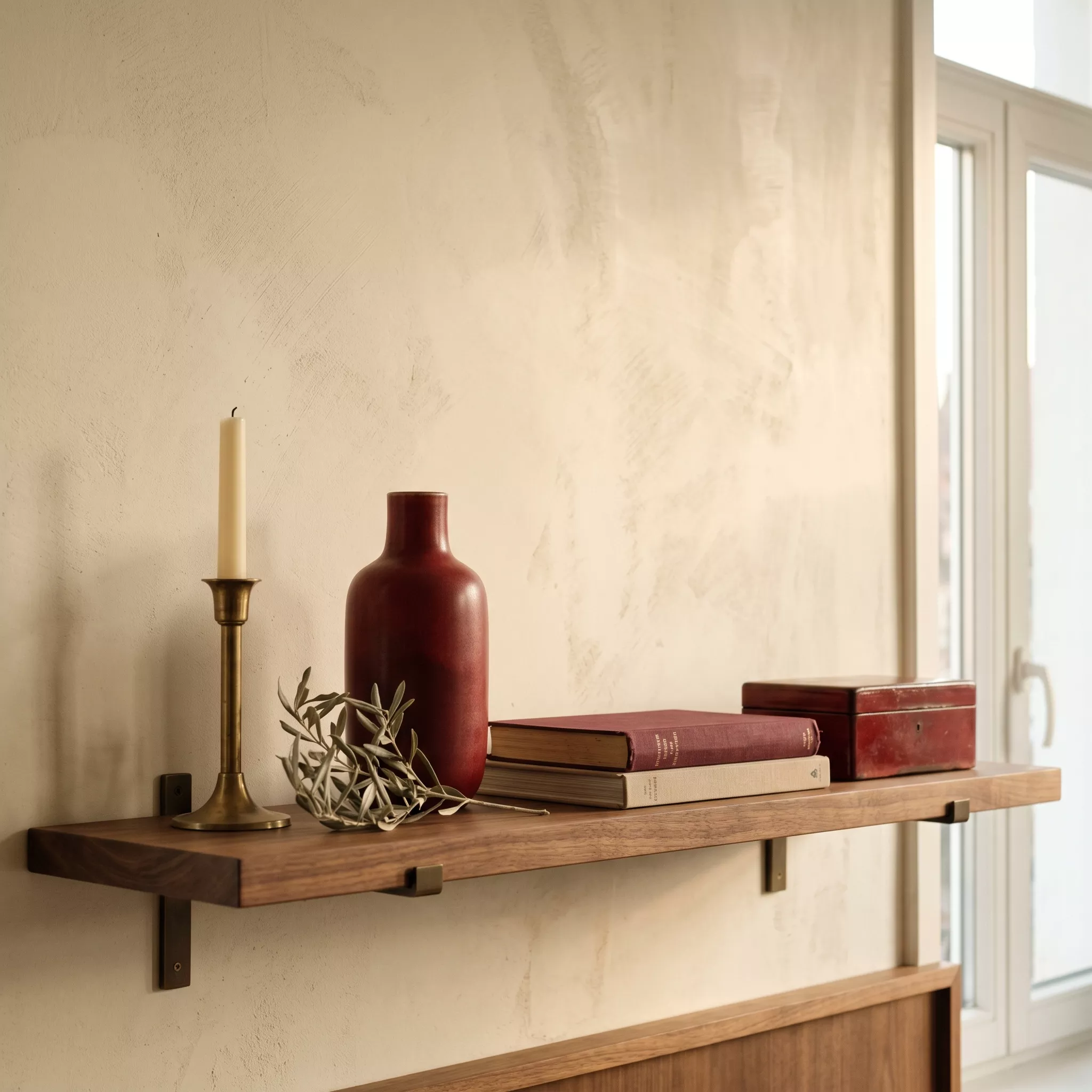 Palette oxblood, mur en plâtre crème mat, étagère en noyer huilé, vase en céramique sang-de-boeuf rouge profond, petite boîte en laque rouge, bougeoir en laiton brossé et brin d'olivier sauge