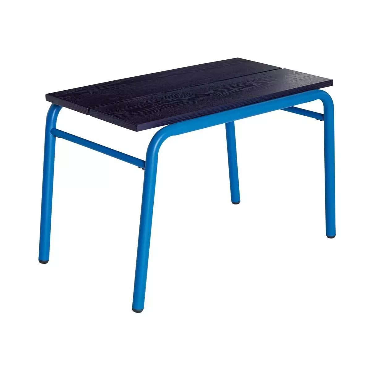Banc en fer tubulaire laqué bleu vif royal et plateau placage frêne bleu marine, vue de trois-quarts, fond neutre clair