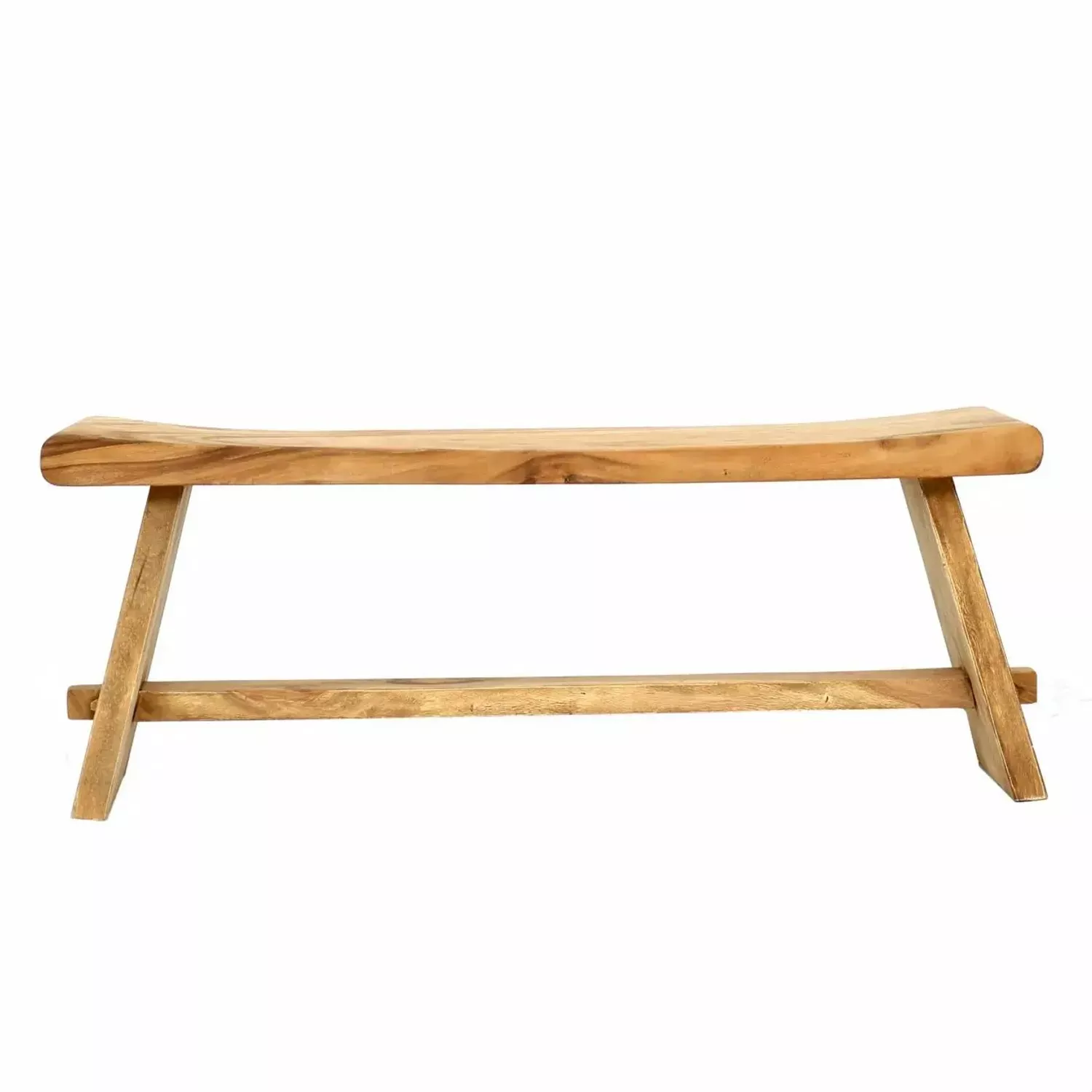 Banc en suar massif naturel, vue de face, plateau monobloc live edge aux veines dorées, piétement en A, fond neutre blanc