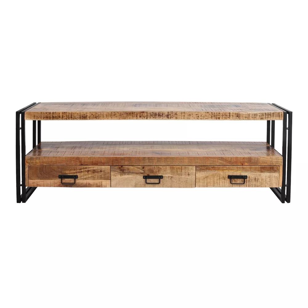 Buffet bas en bois tropical massif à trois tiroirs et structure en acier laqué noir, vu de face, fond neutre