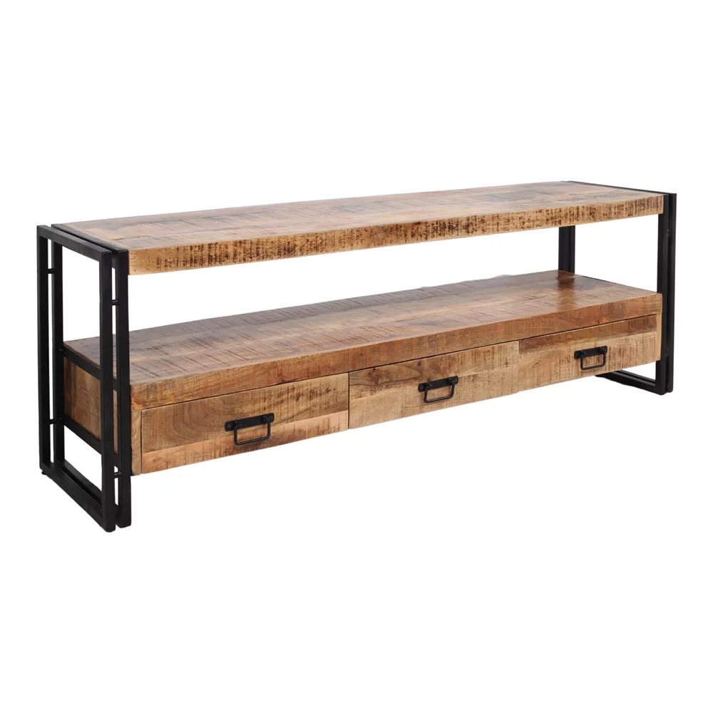 Buffet bas en bois tropical massif et acier laqué noir, vu de trois-quarts avant droit, fond neutre