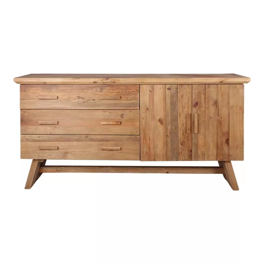 Buffet Helgady en pin massif recyclé vue de face sur fond blanc, quatre tiroirs et deux portes à lattes verticales