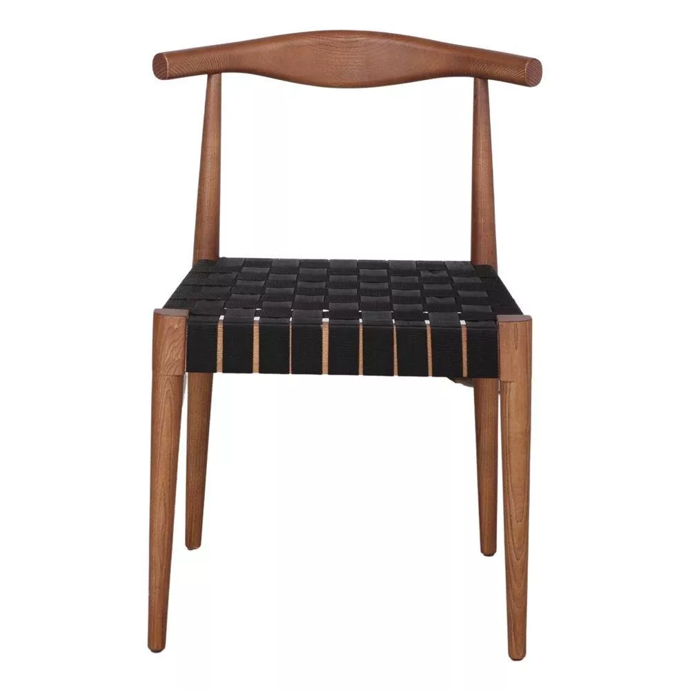 Chaise frêne teinté noyer vue de face, dossier Elbow courbé en arc lobé, assise sangle noire en damier et pieds fuselés