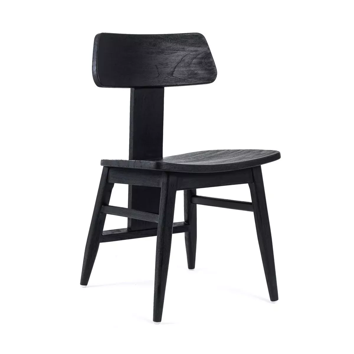 Chaise mid-century noire en teck massif teinté, dossier T-back posé sur colonne centrale, fond blanc neutre