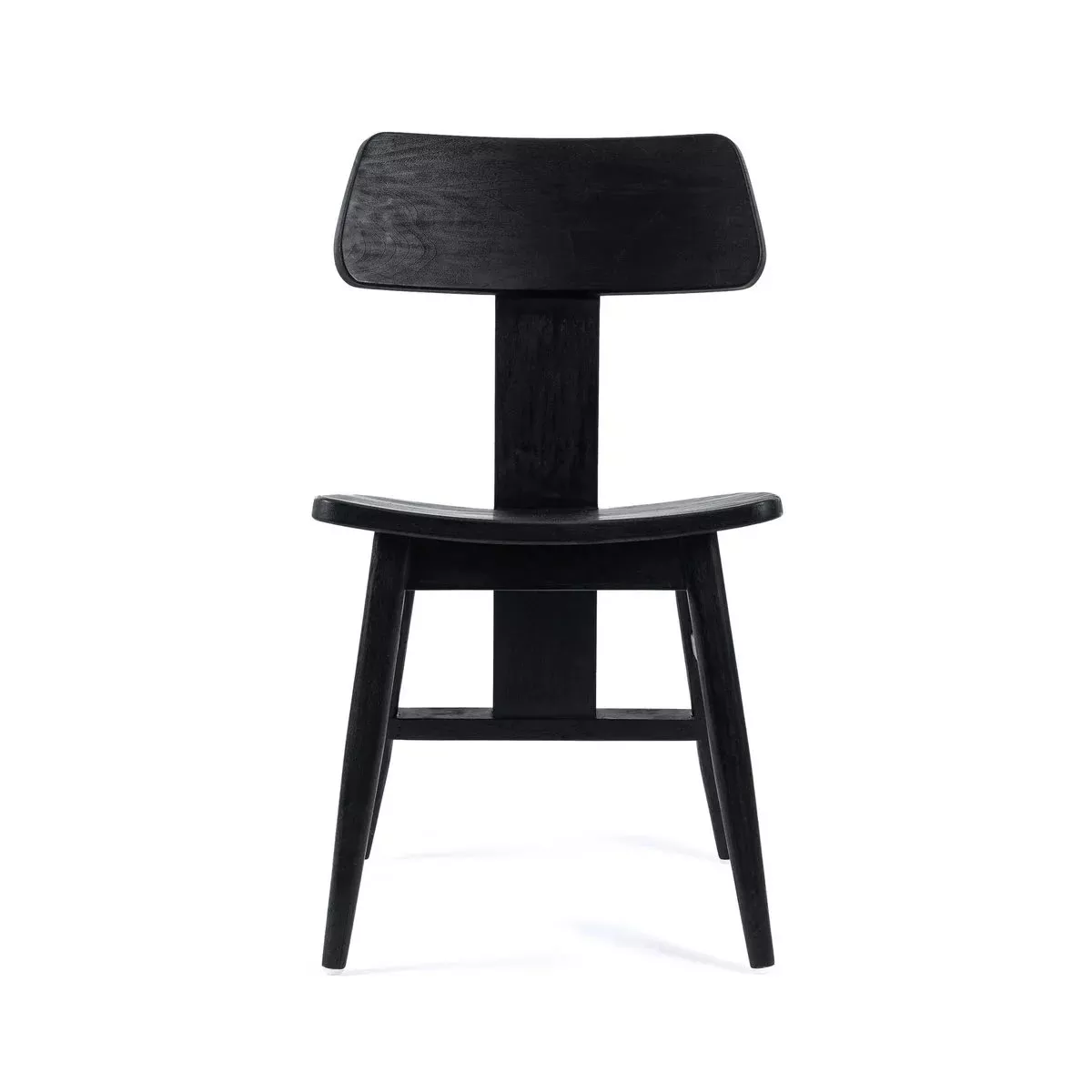 Chaise mid-century noire en teck massif teinté, vue de face, dossier T-back et assise galbée sur colonne centrale