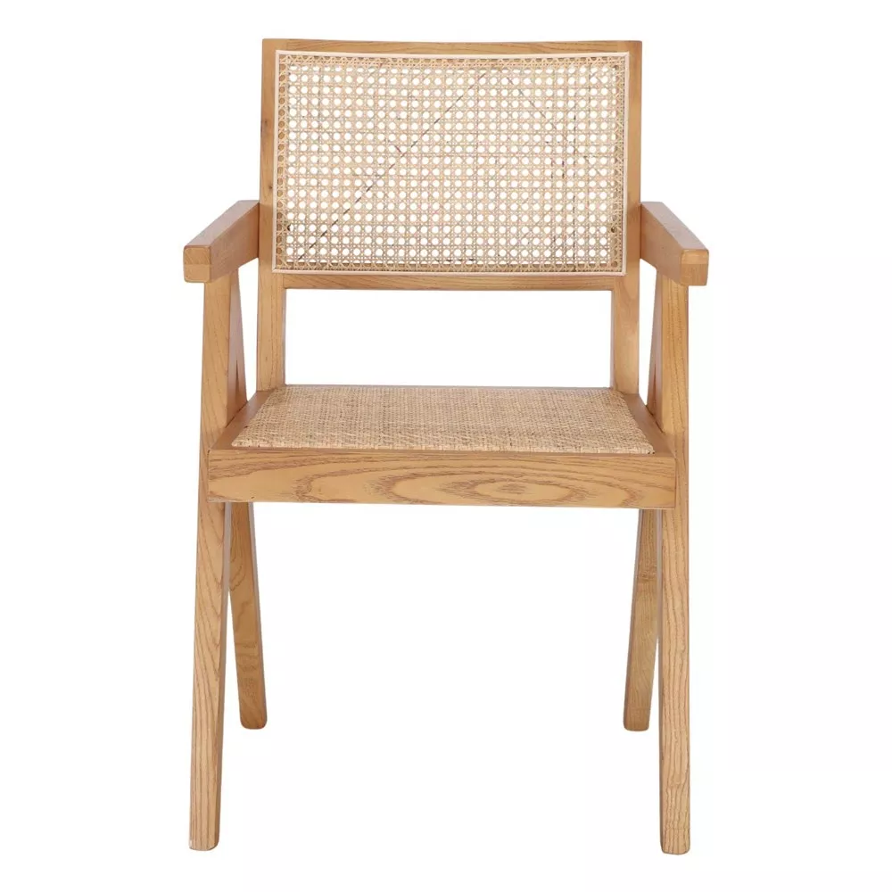 Chaise en bois d'orme verni et cannage de rotin tressé, accoudoirs pleins et piétement compas, vue de face