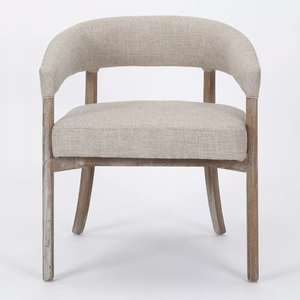 Chaise à dossier arrondi enveloppant en tissu chiné, accoudoirs intégrés et piétement en orme cérusé clair, vue de face
