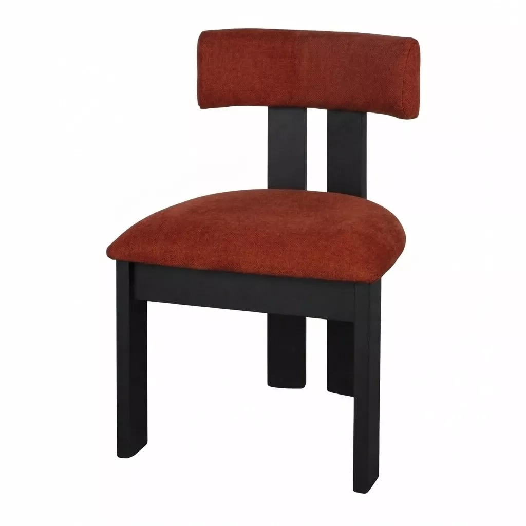 Chaise en chenille terracotta, dossier boudin et assise rembourrée, structure en bois d'orme laqué noir mat
