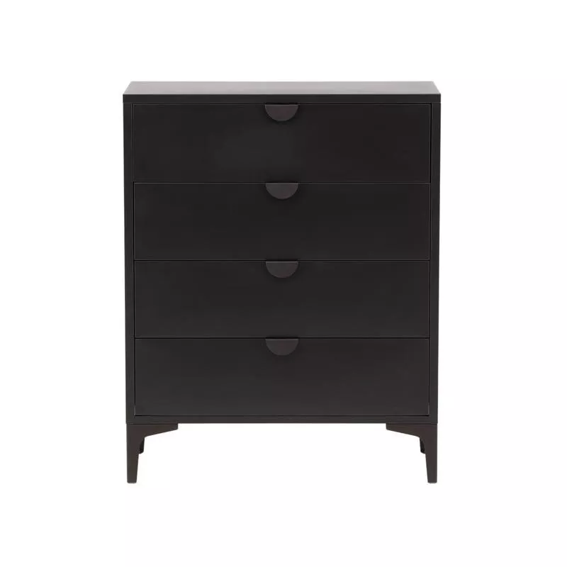 Commode en acier laqué noir mat à quatre tiroirs, vue de face, poignées creusées en demi-lune et pieds compas inclinés