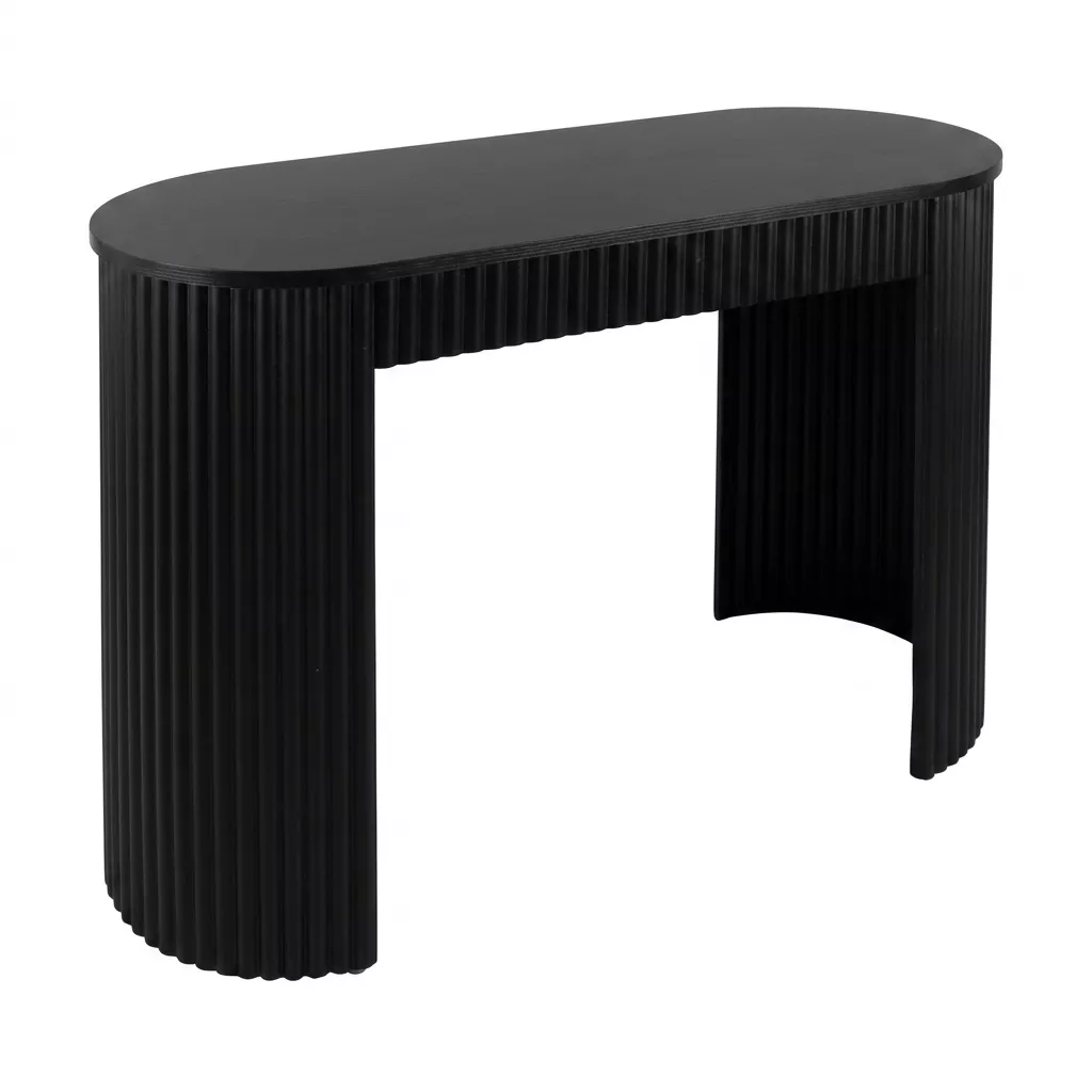 Console oblong en fer laqué noir mat à structure cannelée, vue de trois-quarts, plateau ovale lisse, fond blanc uni