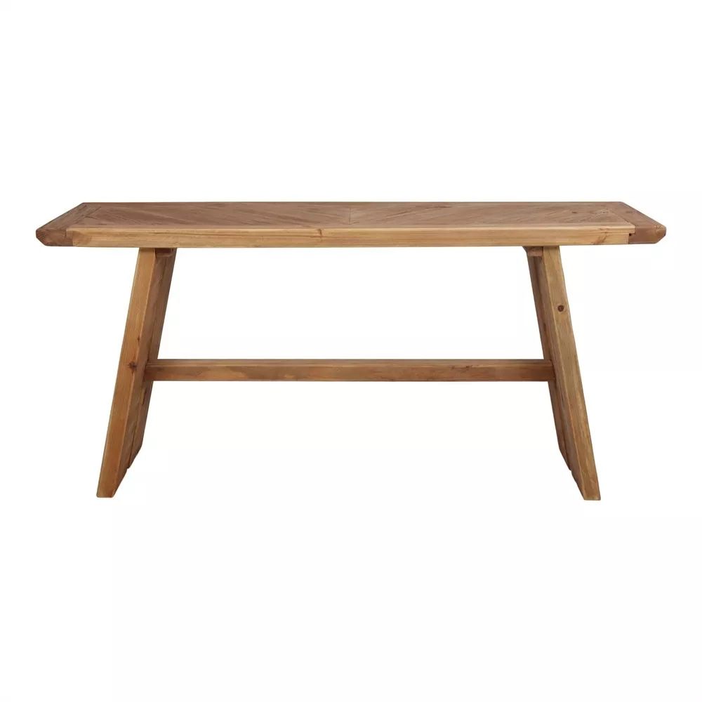 Console en pin recyclé massif, plateau en épis vu de face, fond neutre, finition naturelle mate aux nœuds et stries visibles.