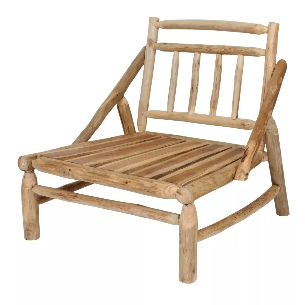 Ossature fauteuil bois massif Thaoly sans coussin, branches bois flotté huilé, assise lames bois parallèles, fond blanc