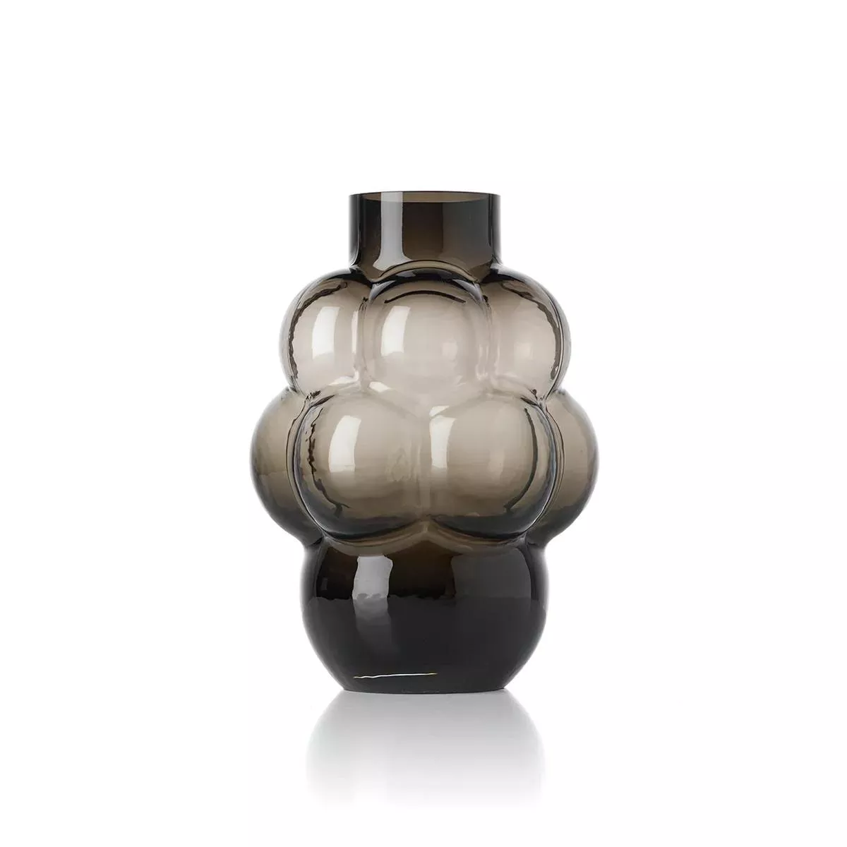Grand vase en verre fumé gris anthracite, silhouette de lobes sphériques en grappe, col court, sur fond neutre
