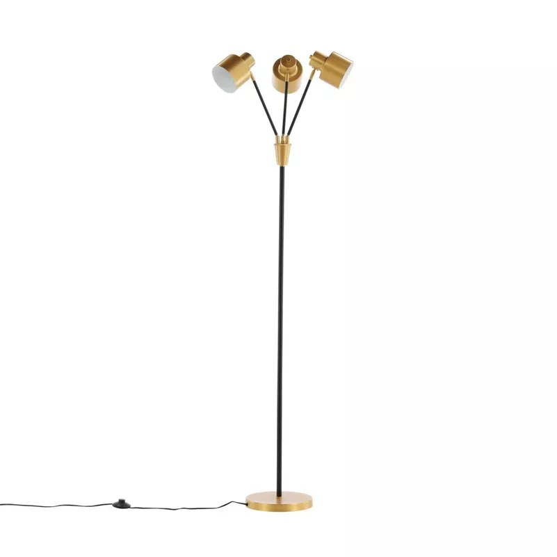 Lampadaire 3 têtes sur pied, fût acier noir mat, têtes et bagues en laiton brossé, vue de face sur fond blanc