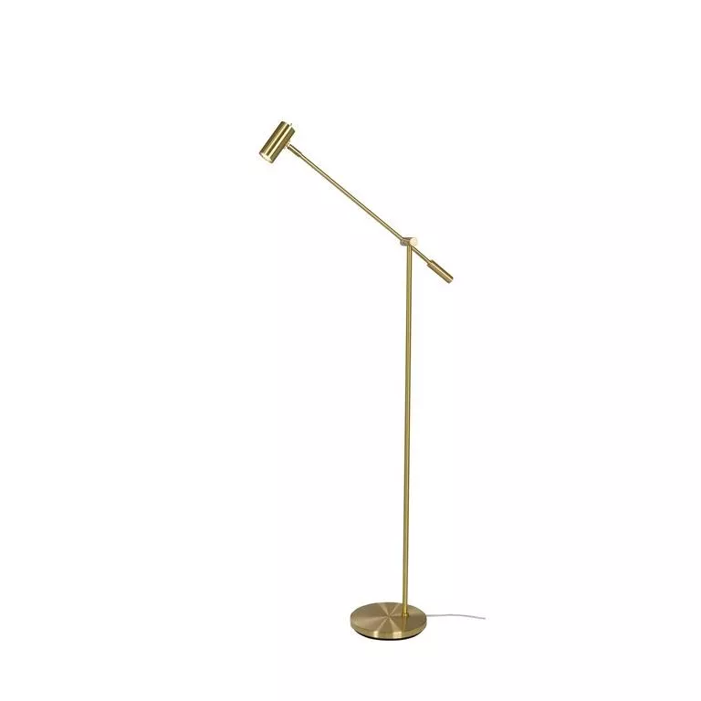 Lampadaire en laiton poli avec bras balancier articulé, tête cylindrique cannelée et contrepoids, sur base ronde plate